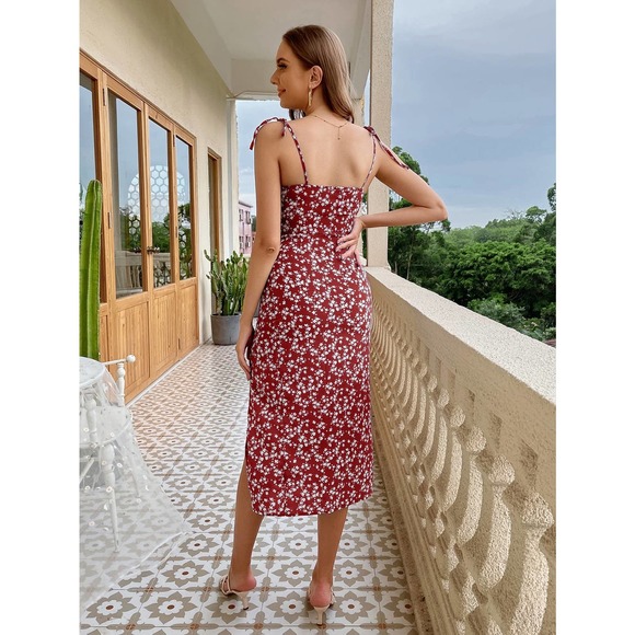 boho preppy Tie Shoulder High Split Floral midi Dress - Picture 5 of 8